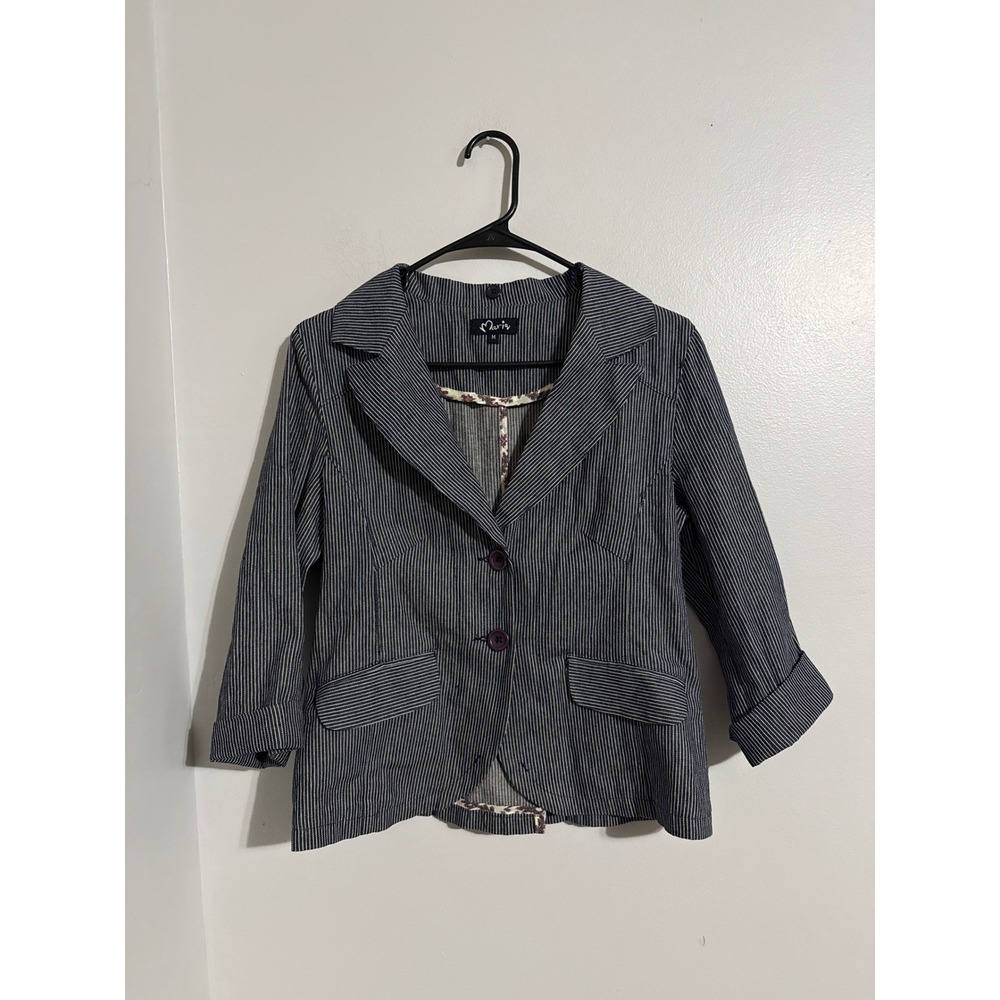 Maria Womens Blue Pinstripe Cotton Blazer Jacket 3/4 Sleeve Size M